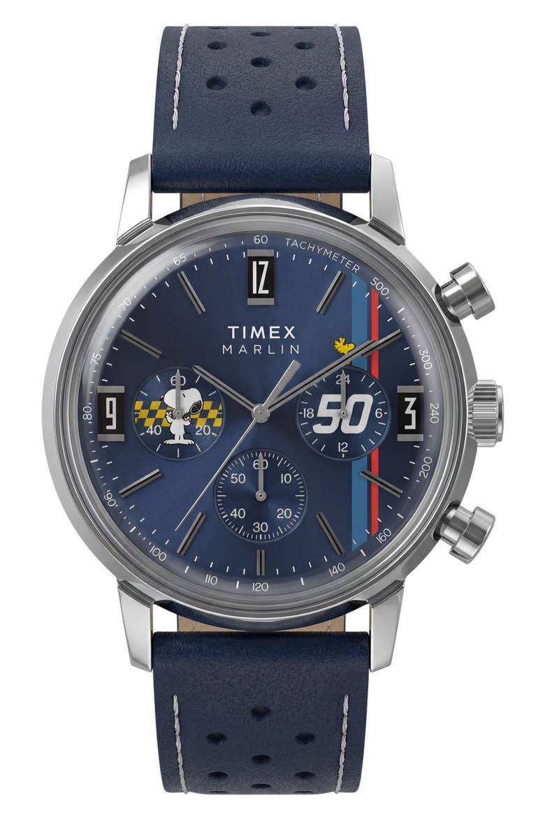 Peanuts Marlin Racing Chronograph Leather Strap Watch, Main, color, BLUE