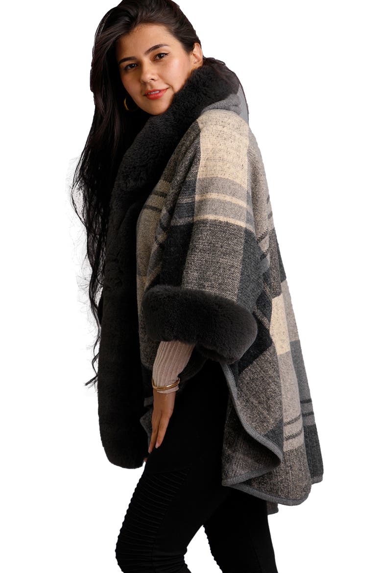 Blair Plaid Faux Fur Trim Topper, Alternate, color, BLACK