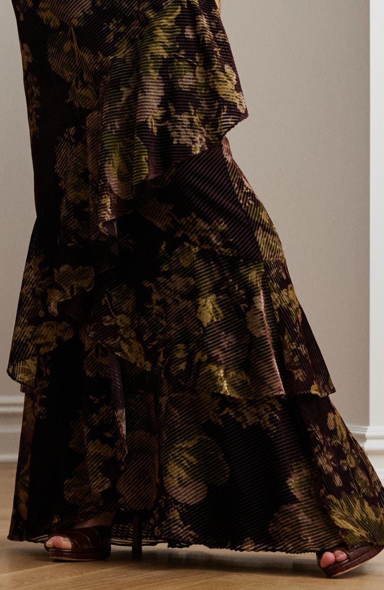 Lauren Ralph Lauren Floral Burnout Velvet Tiered Maxi Skirt, Alternate, color, Burgundy Multi