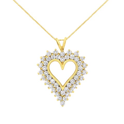 14K Yellow Gold Silver 4 cttw Round-cut Diamond Cluster Heart Pendant Necklace