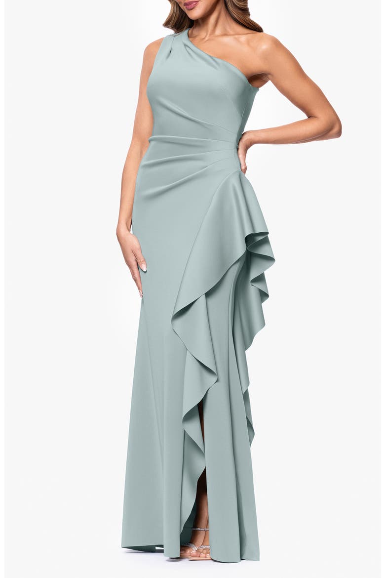 One-Shoulder Ruffle Scuba Crepe Gown, Alternate, color, SAGE