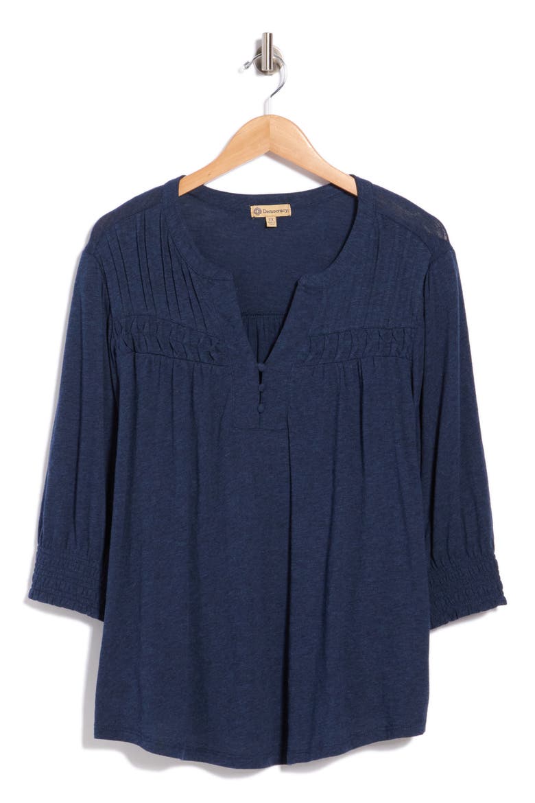 Smocked Split Neck Top, Main, color, HEATHER MIDNIGHT