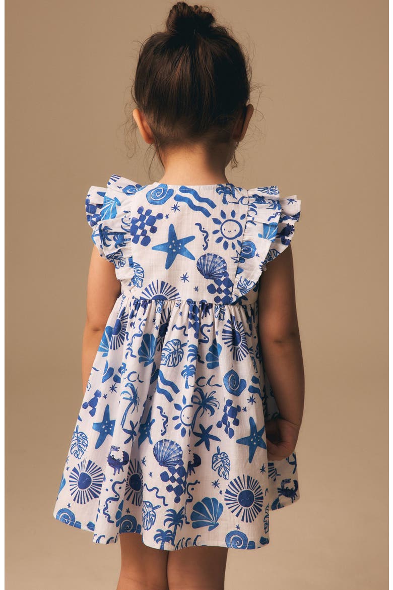 Kids' Seaside Print Ruffle Button Front Cotton Dress, Alternate, color, BLUE