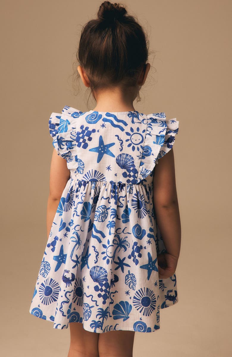 NEXT Kids' Seaside Print Ruffle Button Front Cotton Dress, Alternate, color, Blue