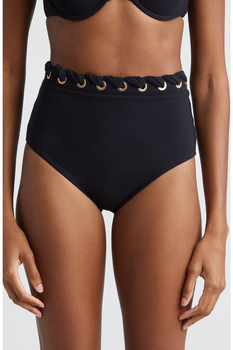 Alight Eyelet High Waist Bikini Bottoms, Main, color, NOIR