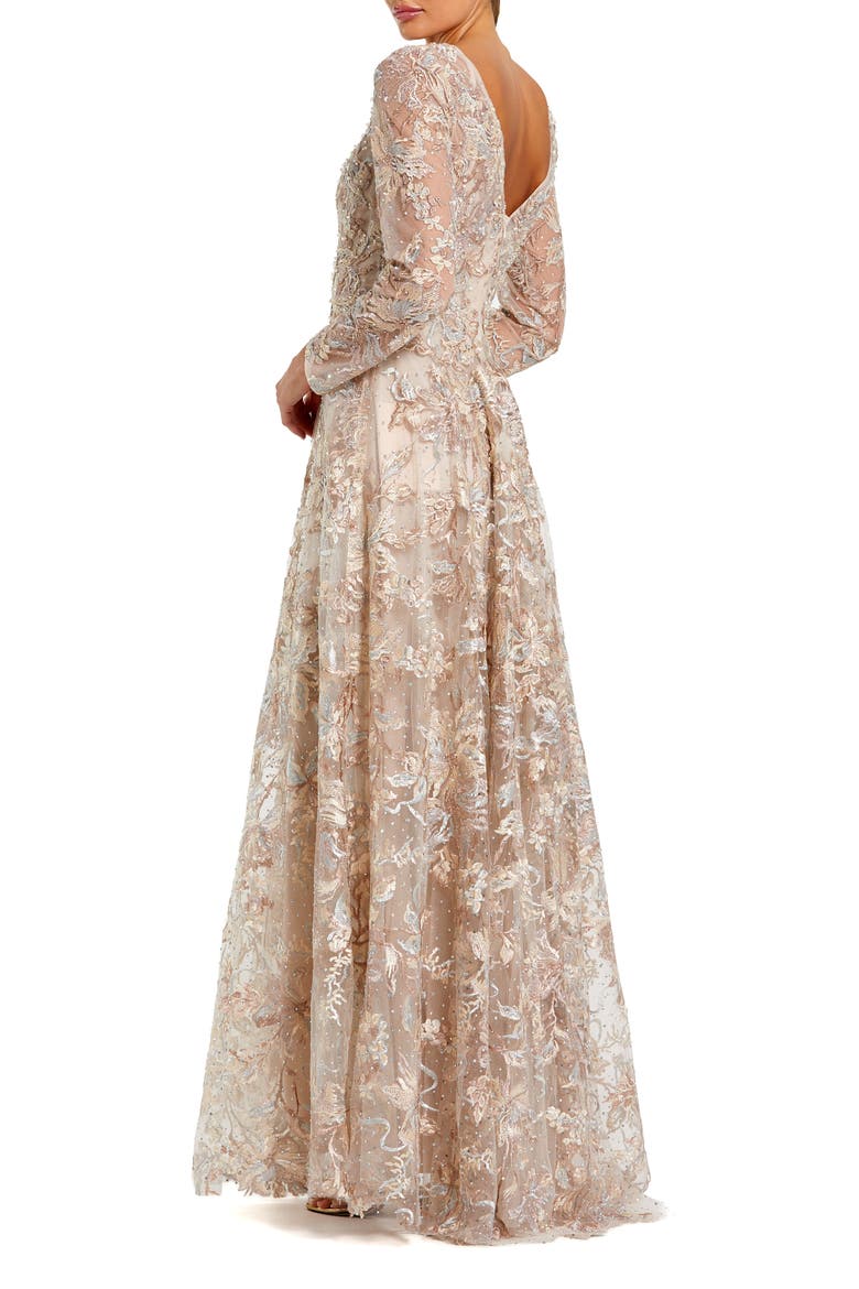 Women’s Embellished Illusion V-Neck Long Sleeve A-Line Gown, Alternate, color, Champagne