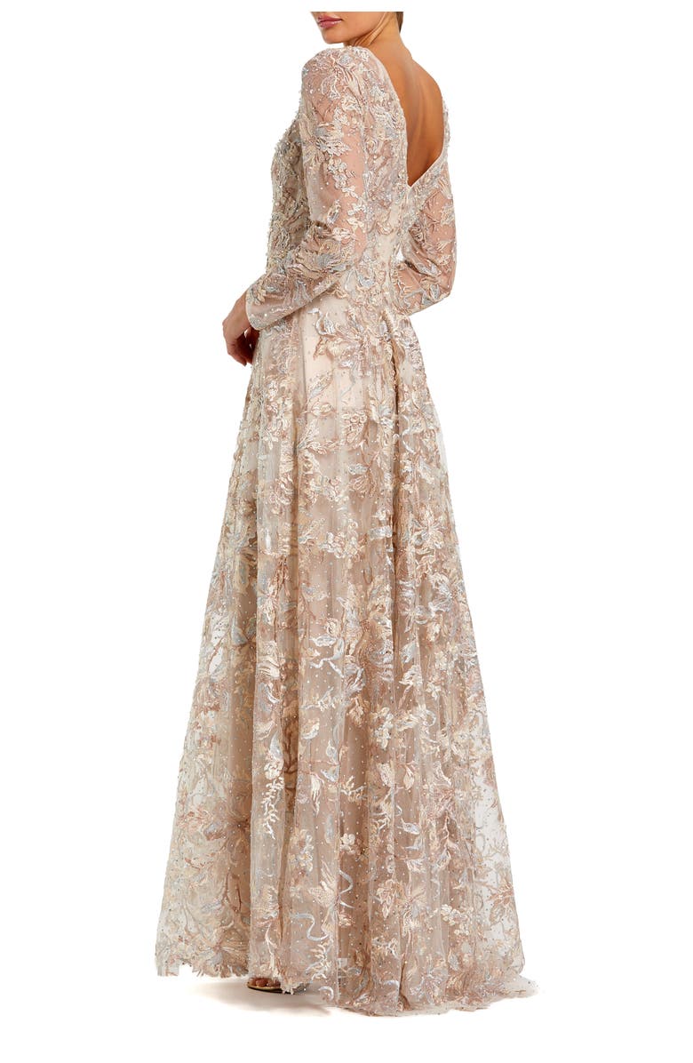 Mac Duggal Women’s Embellished Illusion V-Neck Long Sleeve A-Line Gown, Alternate, color, Champagne