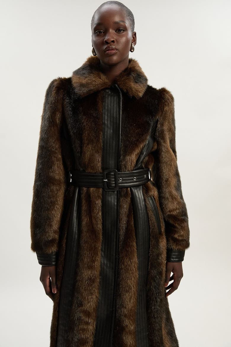 Faux Fur PU Panelled Belted Midi Coat, Alternate, color, Chocolate