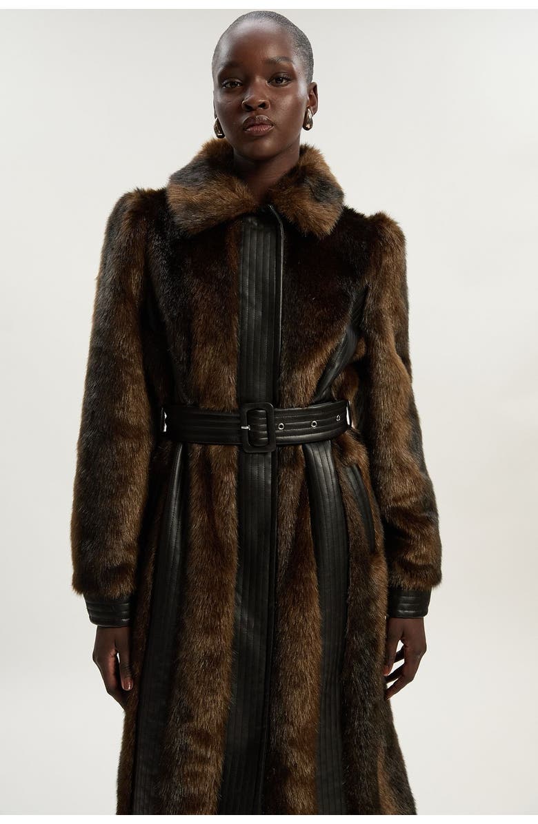 Karen Millen Faux Fur PU Panelled Belted Midi Coat, Alternate, color, Chocolate