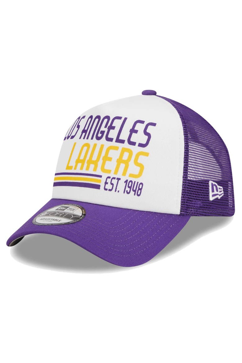 Men's New Era White Los Angeles Lakers Lift Pass Foam Front Trucker 9FORTY Adjustable Hat, Main, color, White