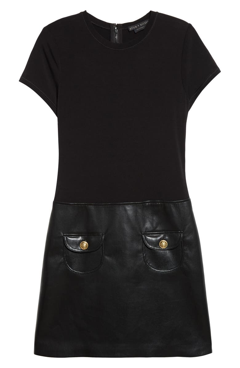 Alice + Olivia Mixed Media Faux Leather Dress, Alternate, color, Black