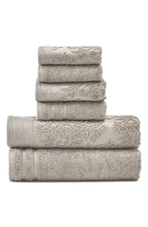 Embellished Border Damask Jacquard Towel 6-Piece Set - Grey