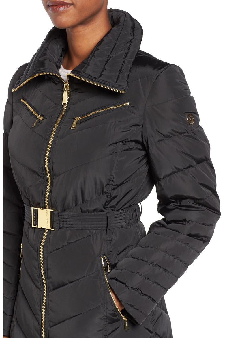 Belted Down & Feather Fill Long Coat with Faux Fur Trim Hood, Alternate, color, BLACK