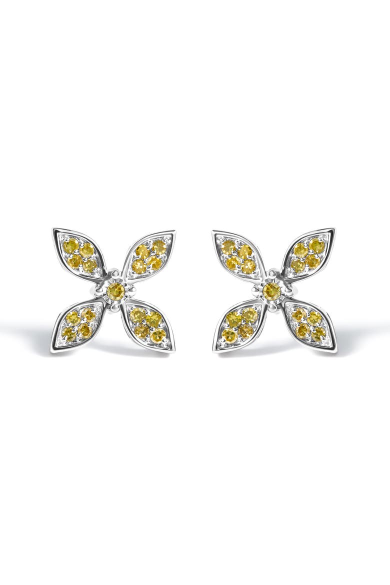 Sterling Silver Yellow Treated Diamond Accent Floral Stud Earrings, Main, color, Silver