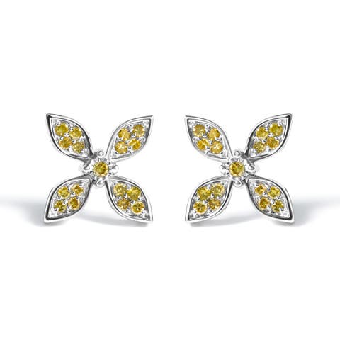 Sterling Silver Yellow Treated Diamond Accent Floral Stud Earrings