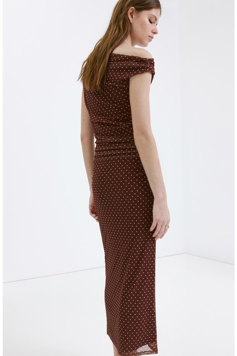 Ruched Dot Midi Dress, Alternate, color, BROWN