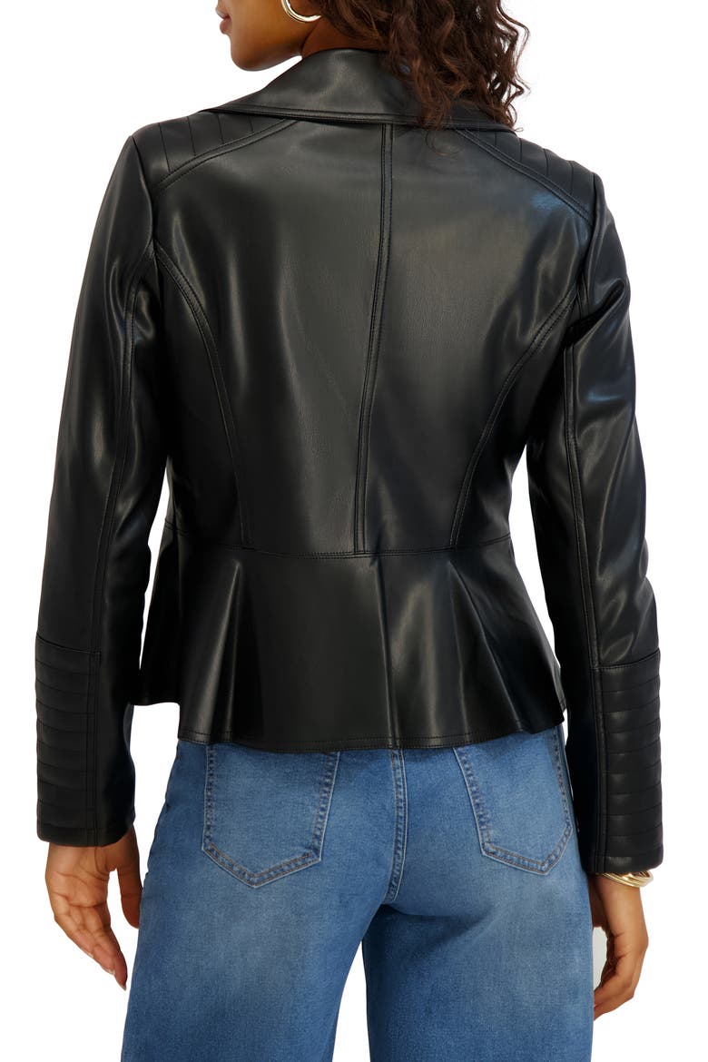 Peplum Back Faux Lether Moto Jacket, Alternate, color, BLACK