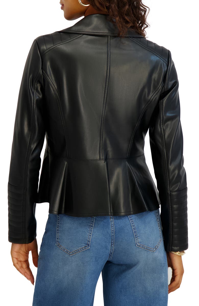 Kensie Peplum Back Faux Lether Moto Jacket, Alternate, color, Black