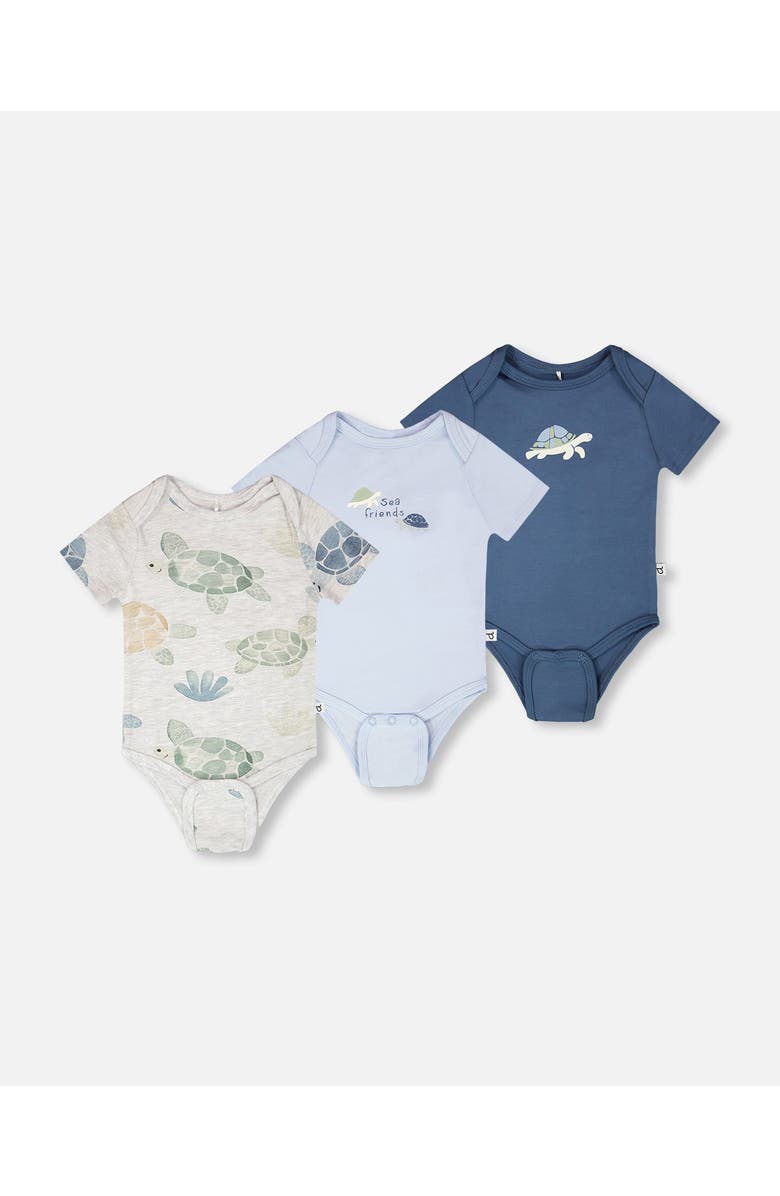 Deux par Deux 3 Pack Evolutive Organic Cotton Jersey Turtle Print Bodysuit, Main, color, Grey Mix Turtle Print