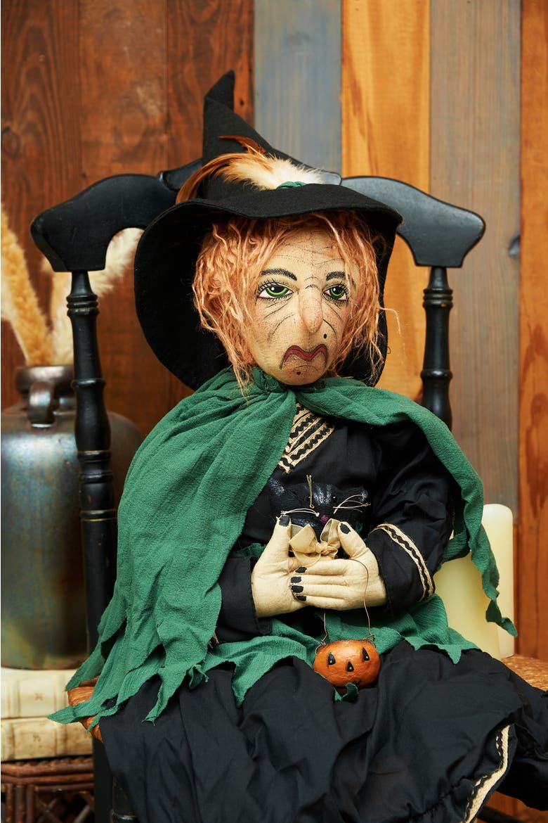 Yolanda Witch Black Cat Halloween Joe Spencer Gathered Traditions Figurine, Alternate, color, Green