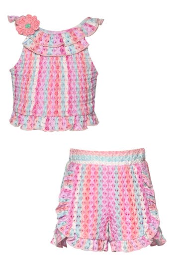 SARA SARA SARA SARA KIDS' OPEN KNIT RUFFLE CROP & SHORTS SET