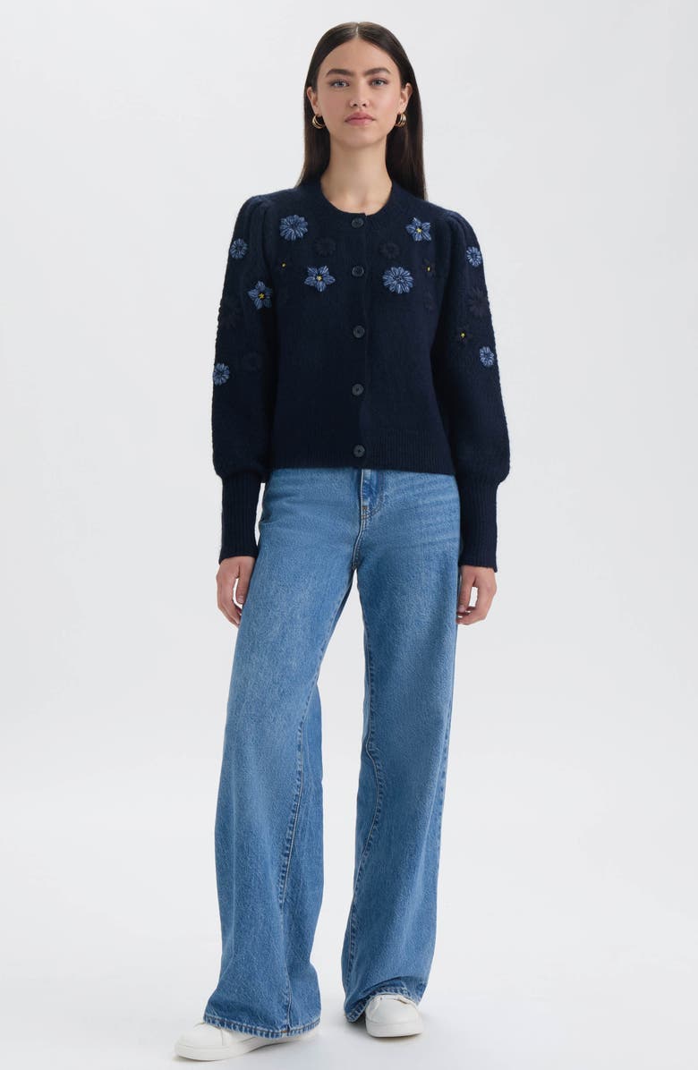NVLT Flower Embroidered Cardigan, Alternate, color, Navy