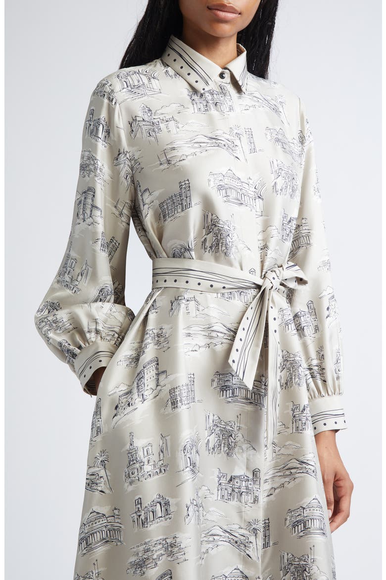 Carbone Print Long Sleeve Silk Shirtdress, Alternate, color, SAND