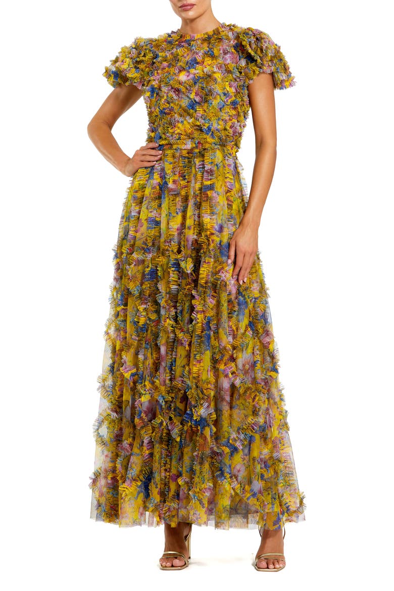 Micro Ruffle Floral Maxi Dress with Textured Detail, Main, color, Yellow Multi