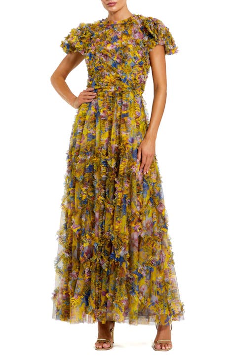 Micro Ruffle Floral Maxi Dress with Textured Detail