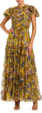 Mac Duggal Micro Ruffle Floral Maxi Dress with Textured Detail