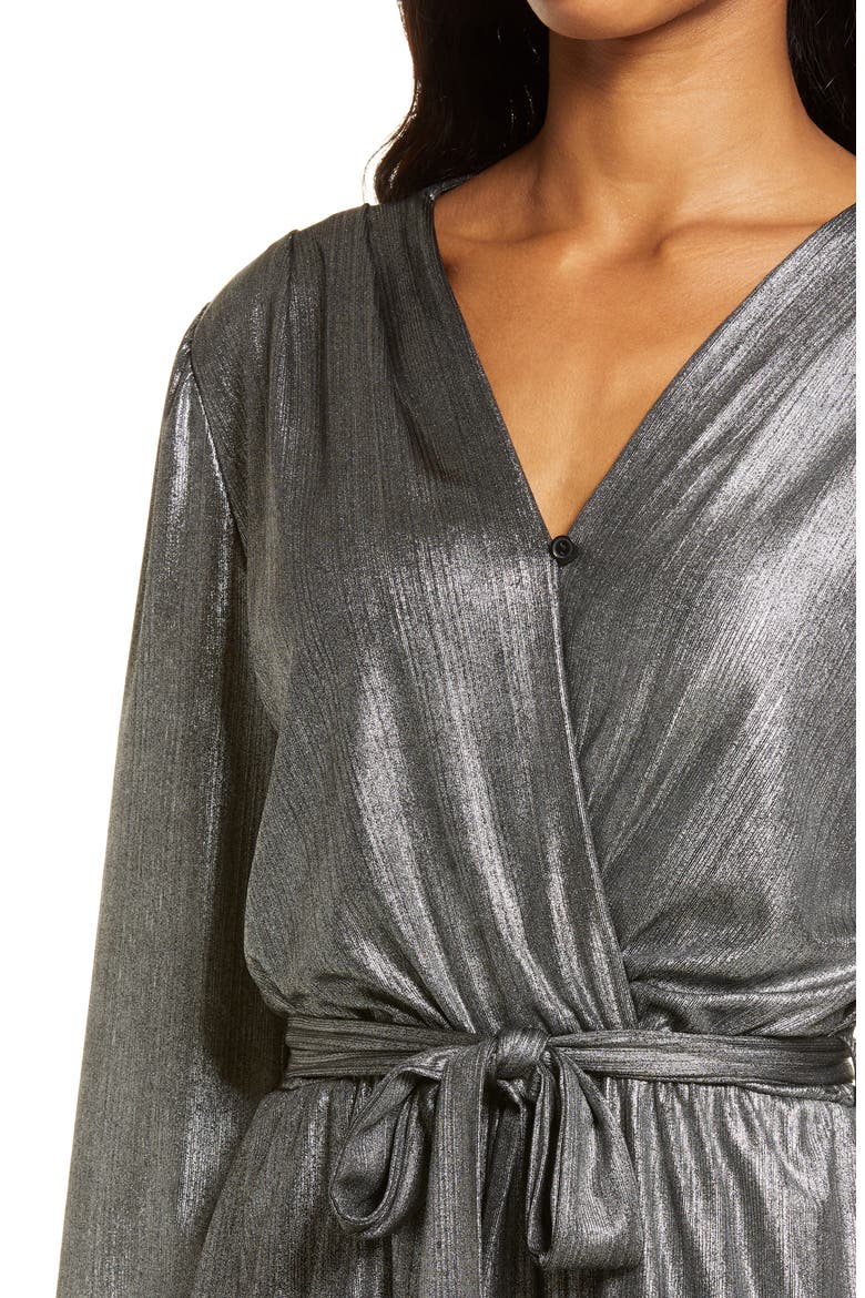 Glitter Flair Ruffle Long Sleeve Tie Waist Romper, Alternate, color, BLACK SILVER