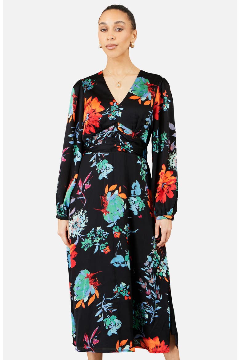 Long Sleeve Floral Midi Dress, Alternate, color, Black