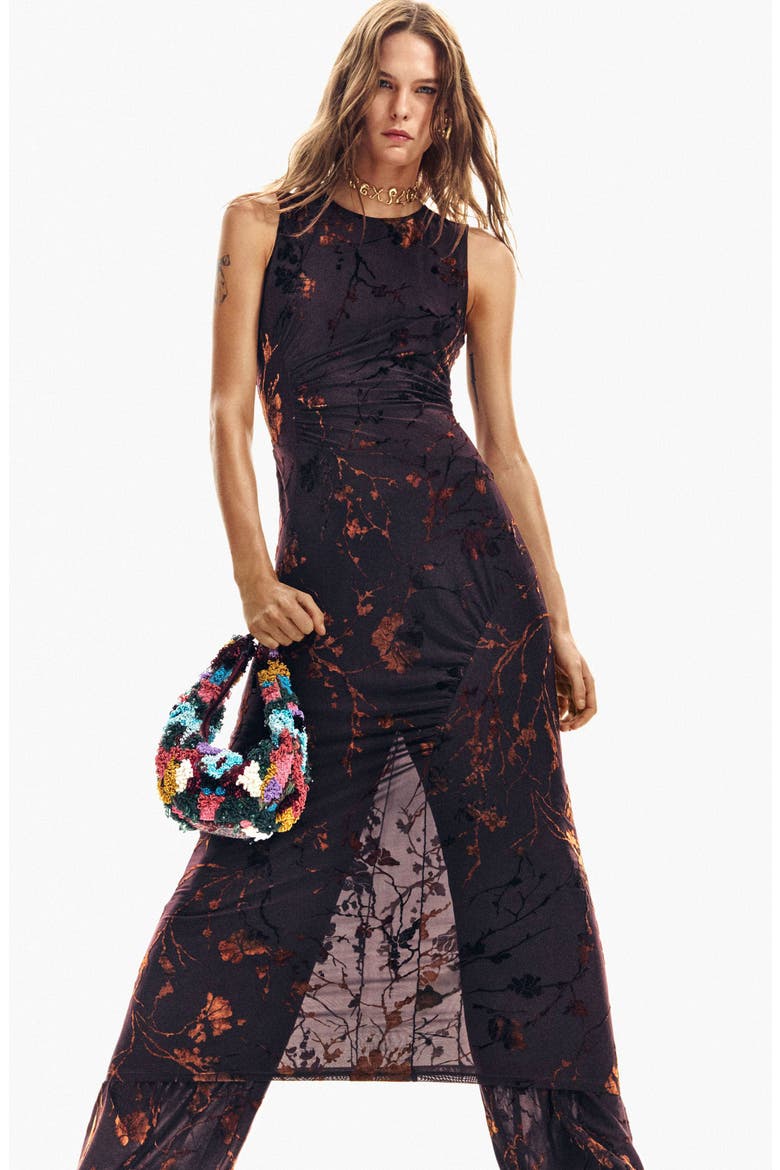 Floral Burnout Sleeveless Dress, Alternate, color, BROWN
