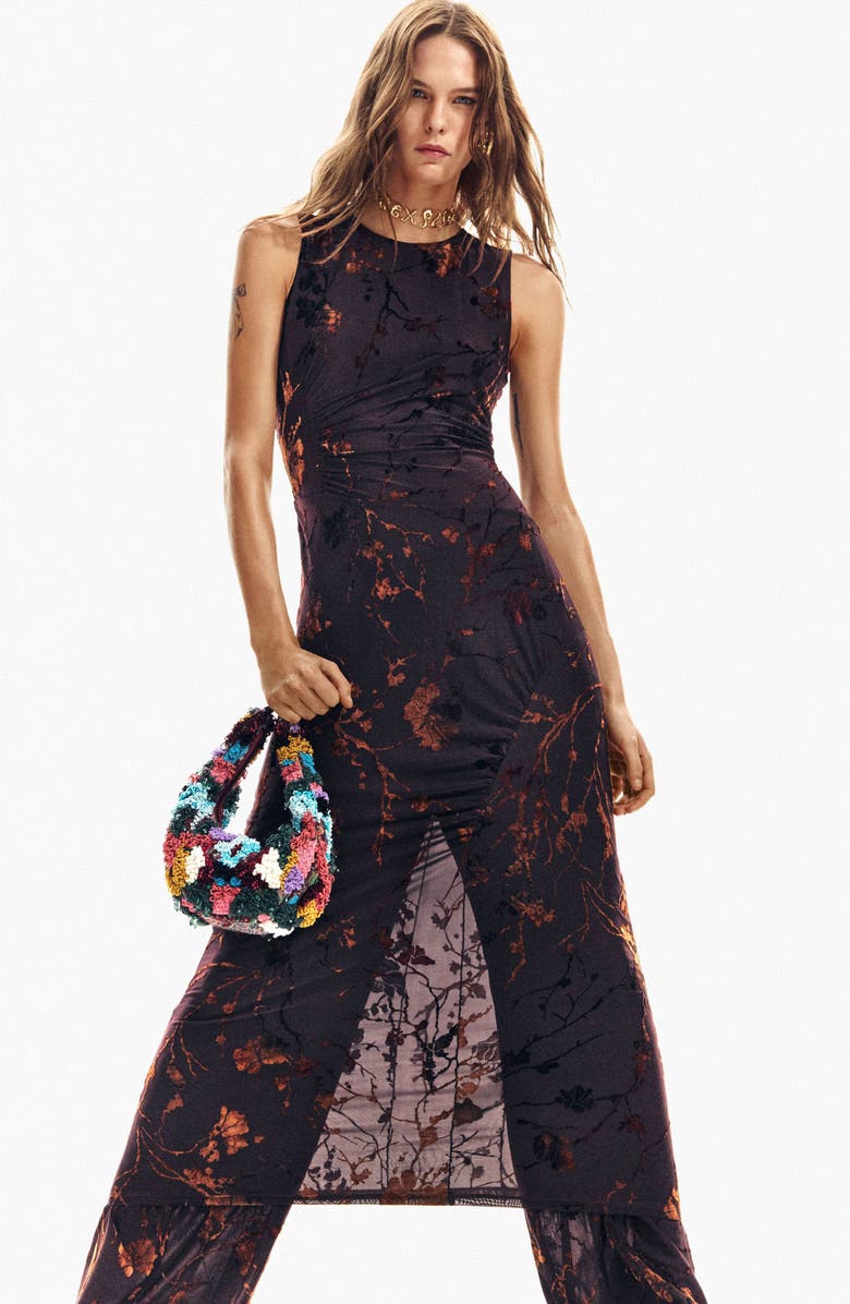 Desigual Floral Burnout Sleeveless Dress, Alternate, color, Brown