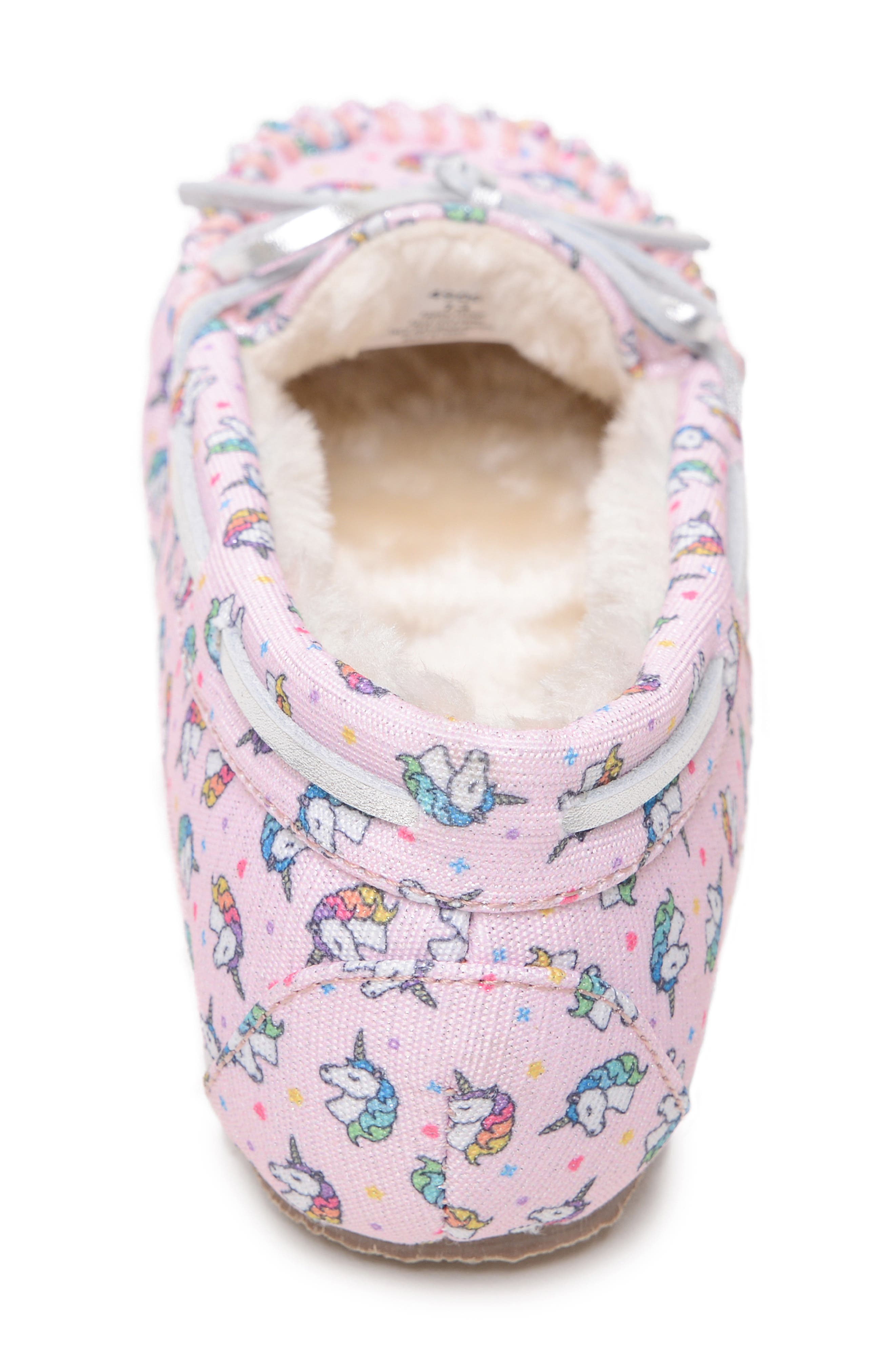 Minnetonka Unicorn Faux Fur Lined Driving Shoe, Alternate, color, Pink Unicorn
