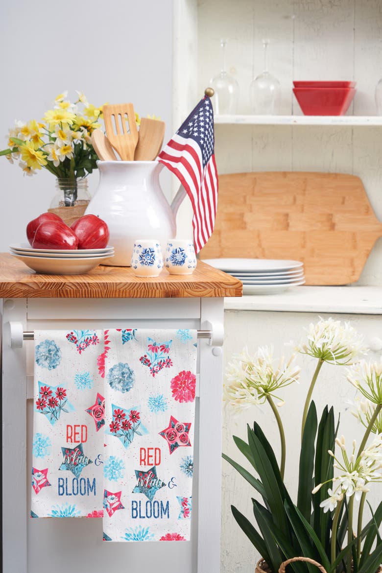 "Red White & Bloom " Patriotic Kitchen Dishtowel, Alternate, color, White