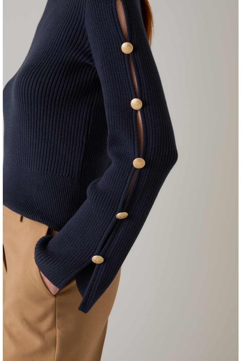 Mirren Button Sleeve Organic Cotton Sweater, Alternate, color, NAVY
