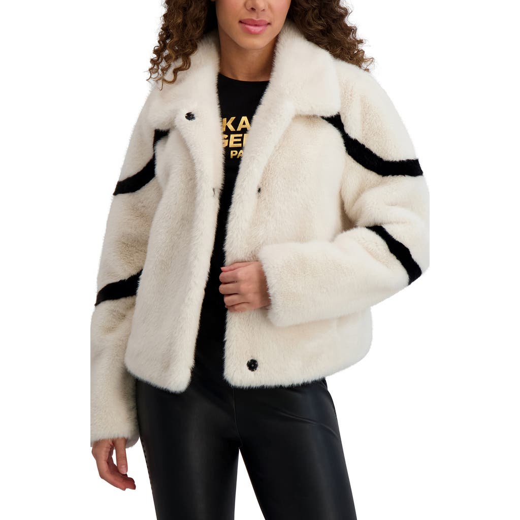 Karl Lagerfeld Stripe Short Faux Fur Coat In White