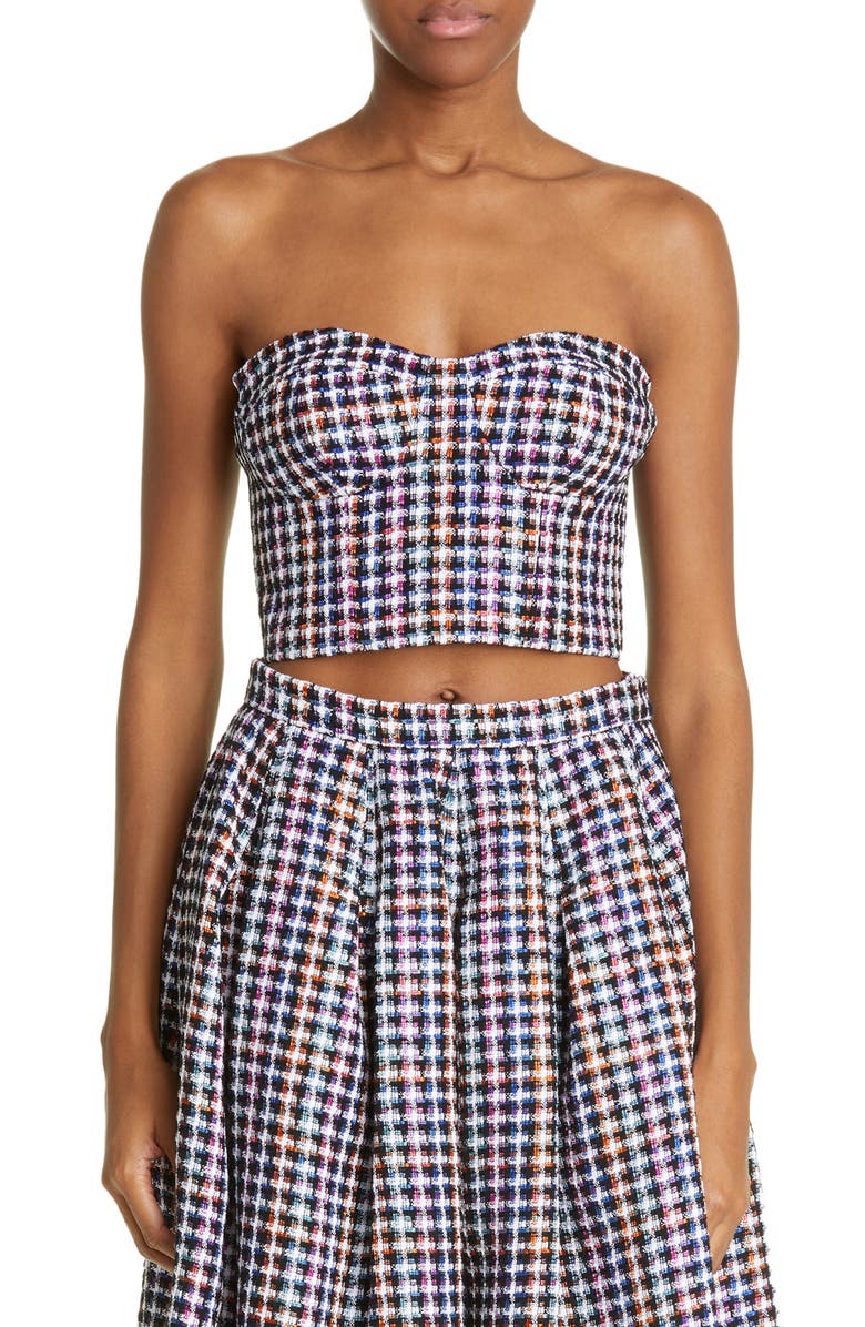 Carolina Herrera Strapless Check Tweed Crop Top, Main, color,