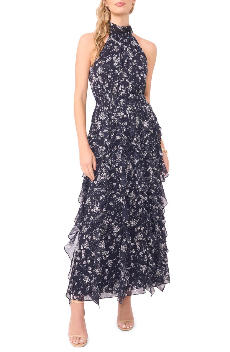 1.STATE Floral Ruffle Maxi Dress, Main, color, Classic Navy