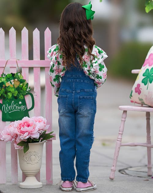 Mia Belle Girls Sparkling In Style Sequin Patched Denim Overall Set In Blue
