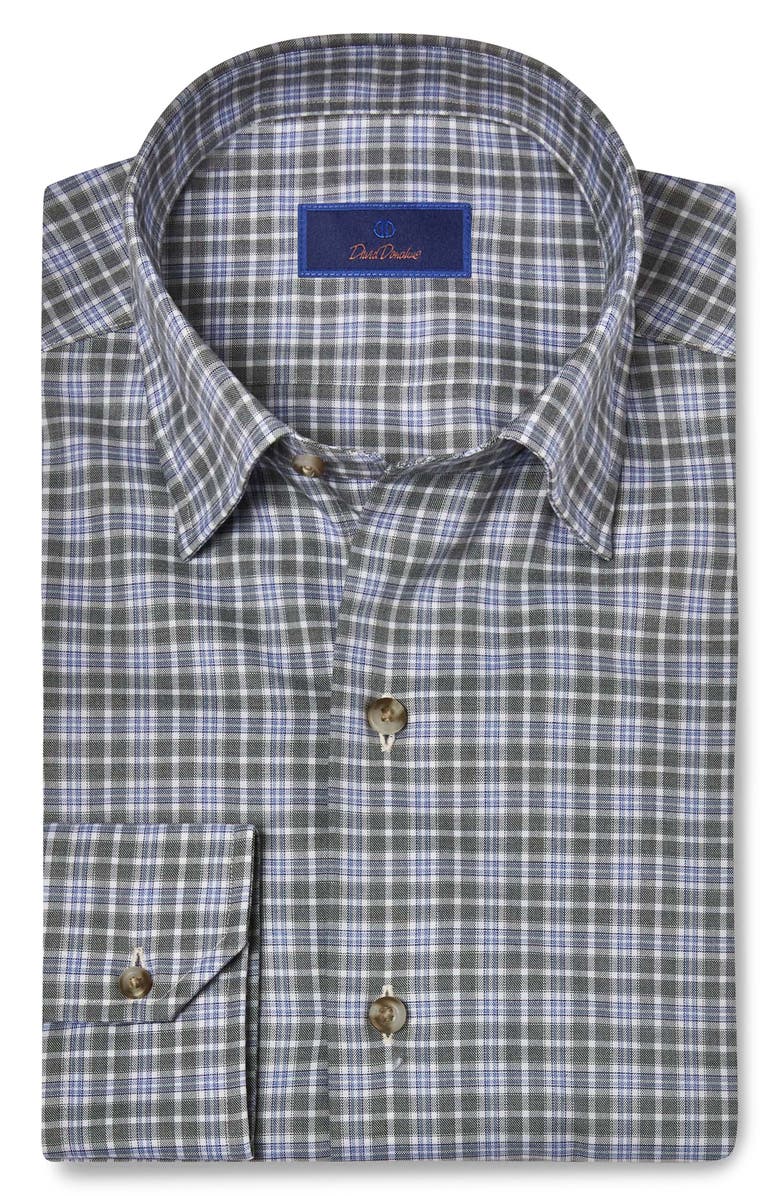 David Donahue Check Twill Hidden Button-Down Shirt, Main, color, Green/ Sky