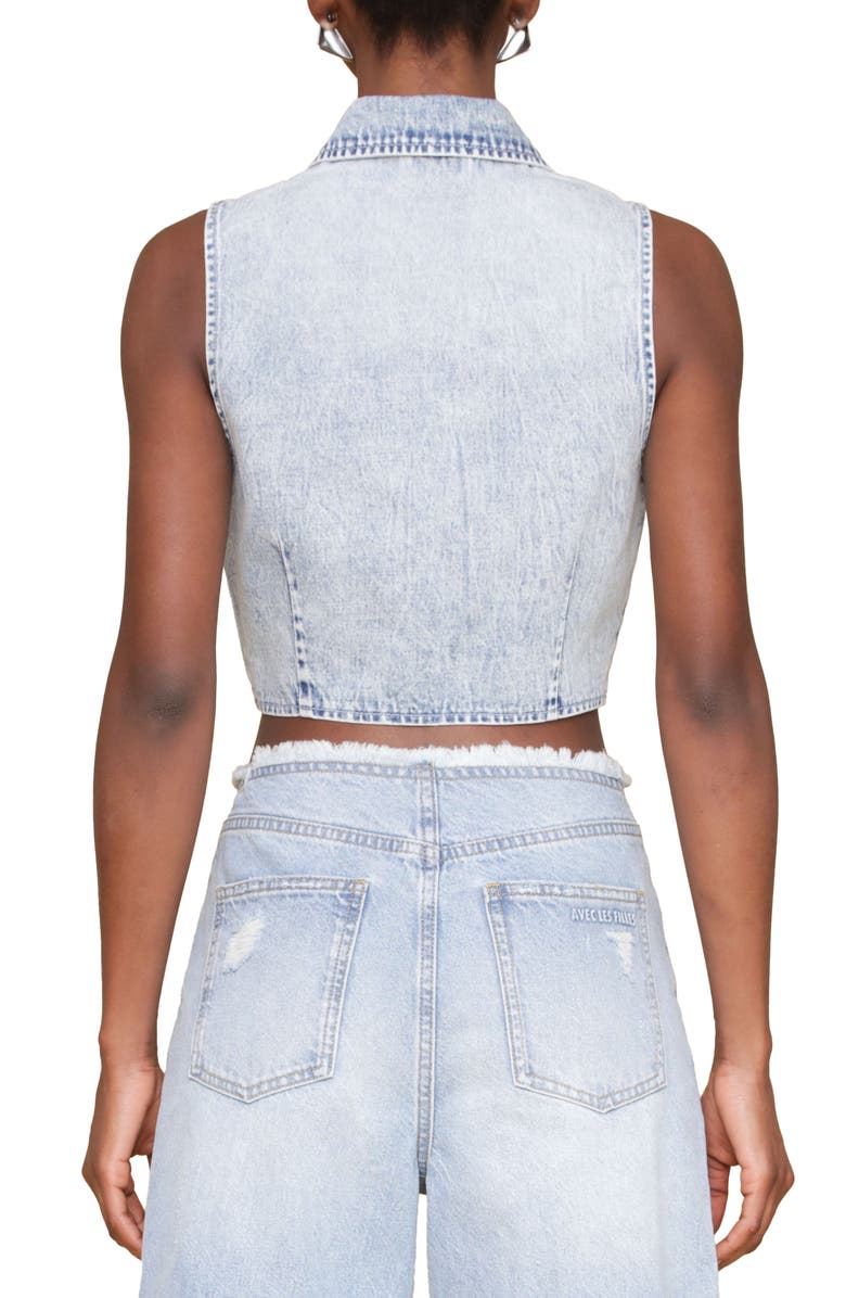 Avec Les Filles Sleeveless Tuxedo Crop Denim Shirt, Alternate, color, Madeira Wash