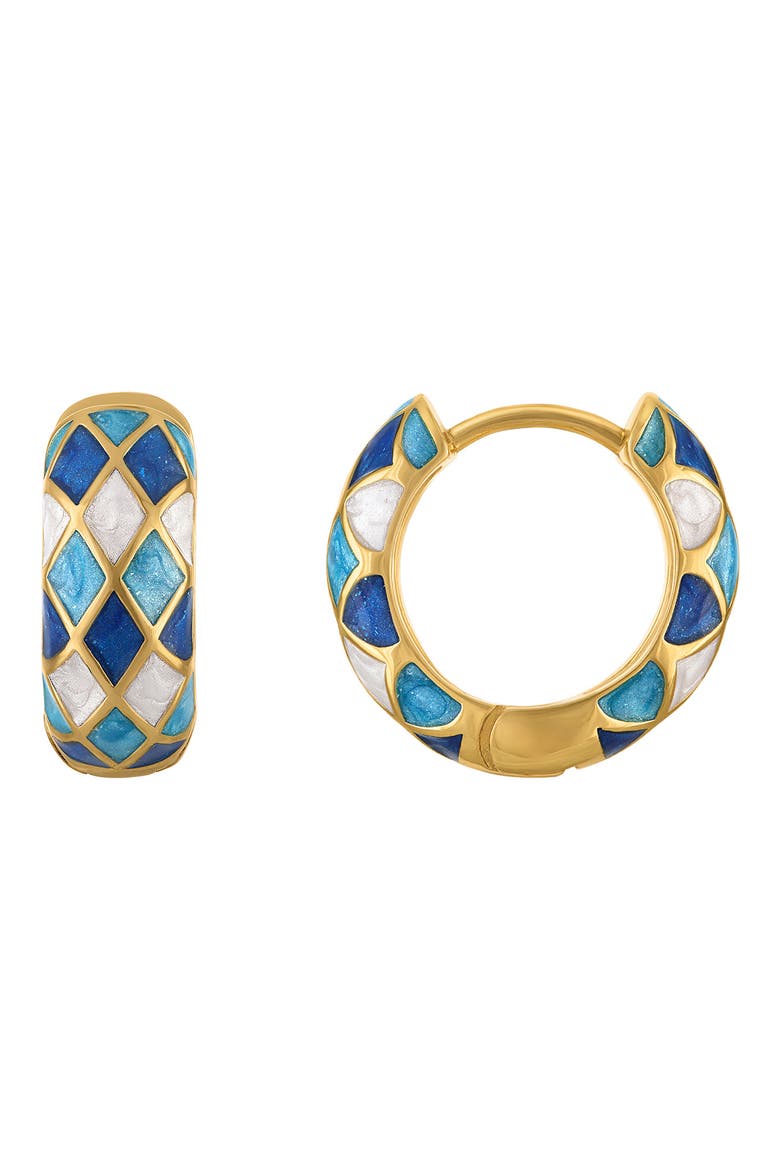 Harlequin Enamel Huggie Hoop Earrings, Main, color, BLUE/ YELLOW GOLD