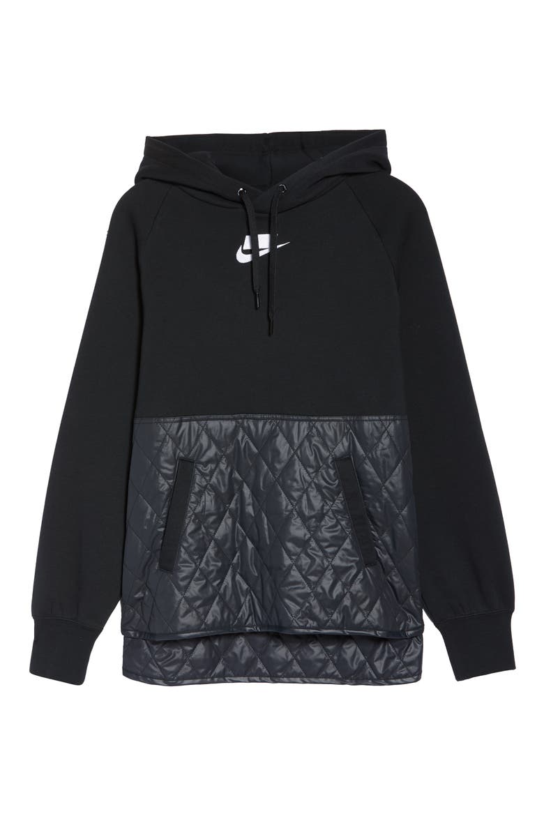Sportswear Logo Mixed Media Quilted Hoodie, Alternate, color, BLACK/ BLACK/ BLACK/ WHITE