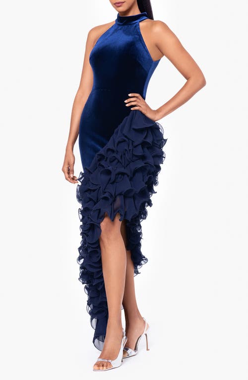 Betsy & Adam Velvet & Chiffon Ruffle High-low Gown In Blue