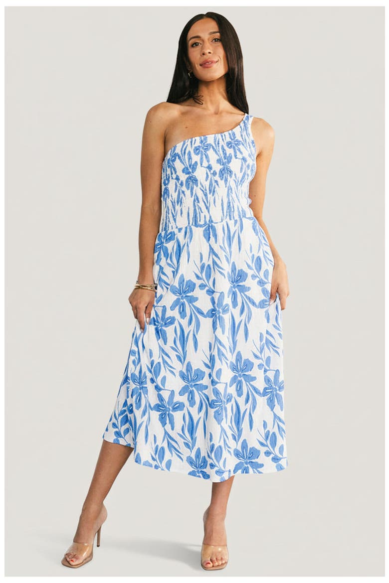 Brisa One Shoulder Midi Dress, Main, color, White and Blue