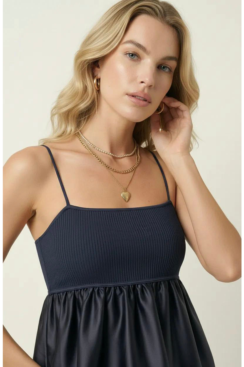 Knit Ribbed Bodice Satin Babydoll Cami Top, Alternate, color, Navy Blue