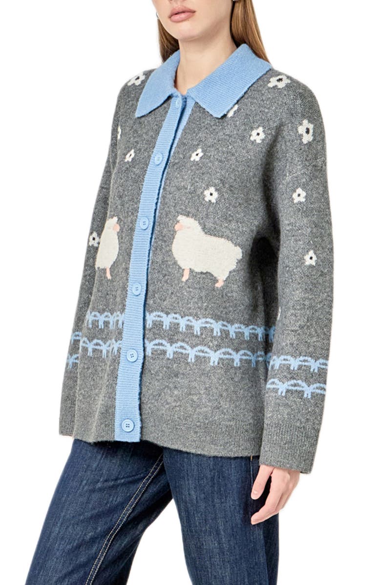 English Factory Sheep Cardigan, Alternate, color, Charcoal/ P Blue