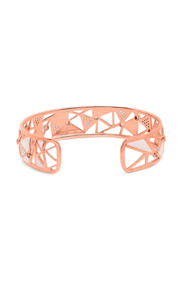 Haus of Brilliance 14K Rose Gold 5/8 Ctw Diamond Pink Tourmaline Open Cuff Bangle with White Enamel, Alternate, color, Pink